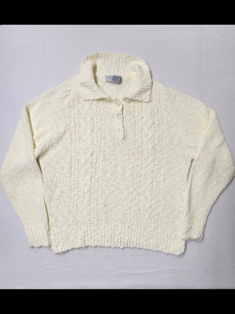 Vintage Crystal-Kobe 90s Cream Cable Knit Polo Sweater Cozy Petite Small PS